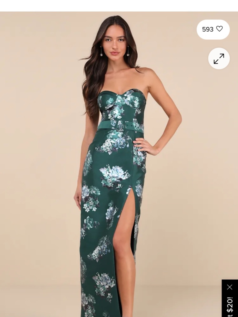 Lulu's Dark Emerald Floral Strapless Satin Gown
